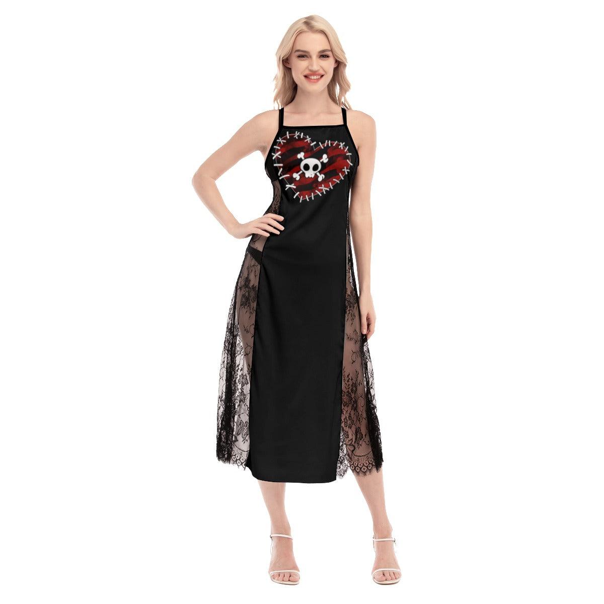 Hot Sewed Skull Heart Lace Cami Cross Back Women Dress - Wonder Skull