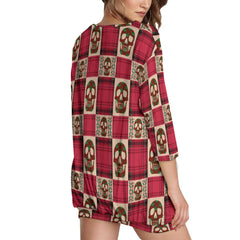 Skull Buffalo Plaid Sweatshirt With Irregular Pleated Hem - Wonder Skull