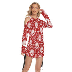 Christmas Red Skull Snowy Print Open Shoulder Dress - Wonder Skull