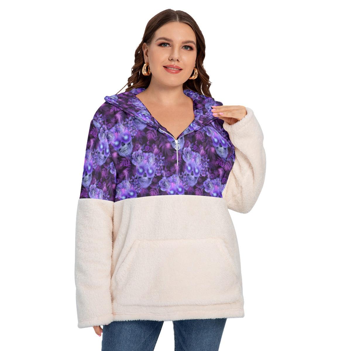Skull Flower Borg Fleece Hoodie With Half Zip - Wonder Skull