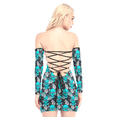 Cyan Skull Peony Off-shoulder Back Lace-up Dress - Wonder Skull