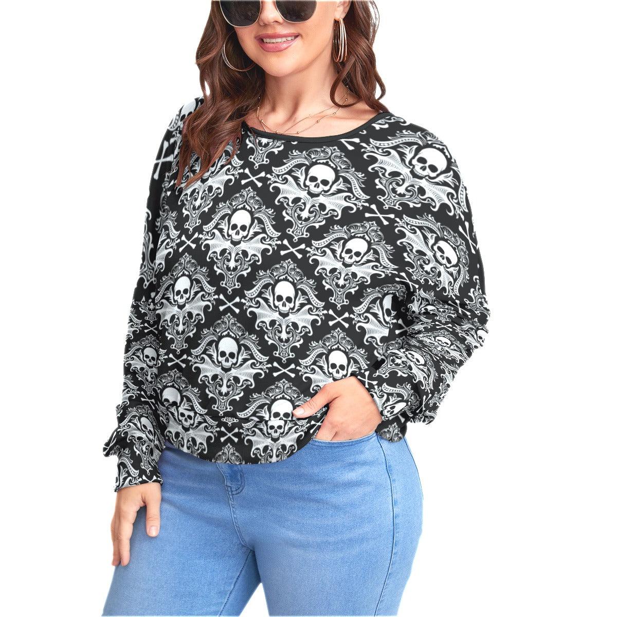 Black Gothic Skull Pattern Sweatshirt With Bat Sleeve - Wonder Skull
