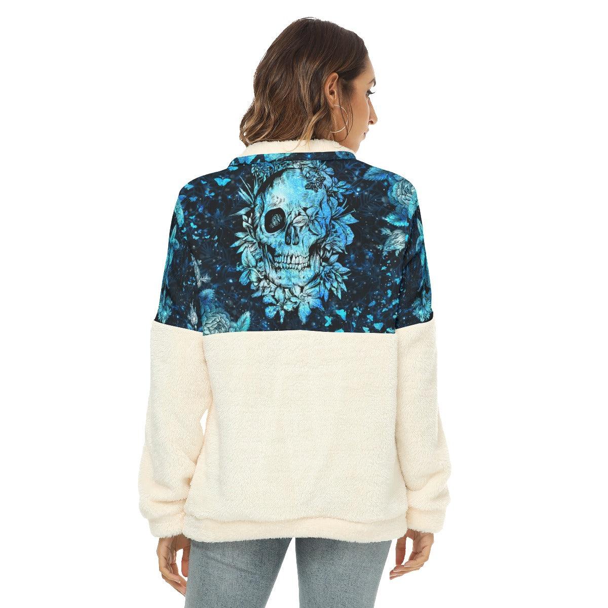Frozen Iced Skull Flower Fleece Sweatshirt With Half Zip - Wonder Skull
