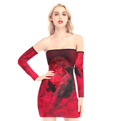 Red Scary Forest Raven Off-shoulder Back Lace-up Dress - Wonder Skull