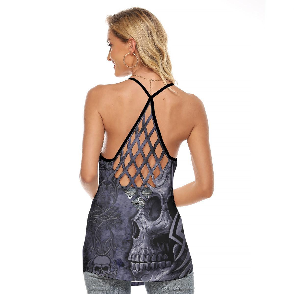 Dark Ancient Gothic Skull Criss-Cross Open Back Tank Top, Coolest T-Shirt For Women - Wonder Skull
