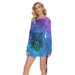 Space Galaxy Wolf All Over Print Women One Shoulder Dress With Waist Shirring, Hoodie For Women - Wonder Skull