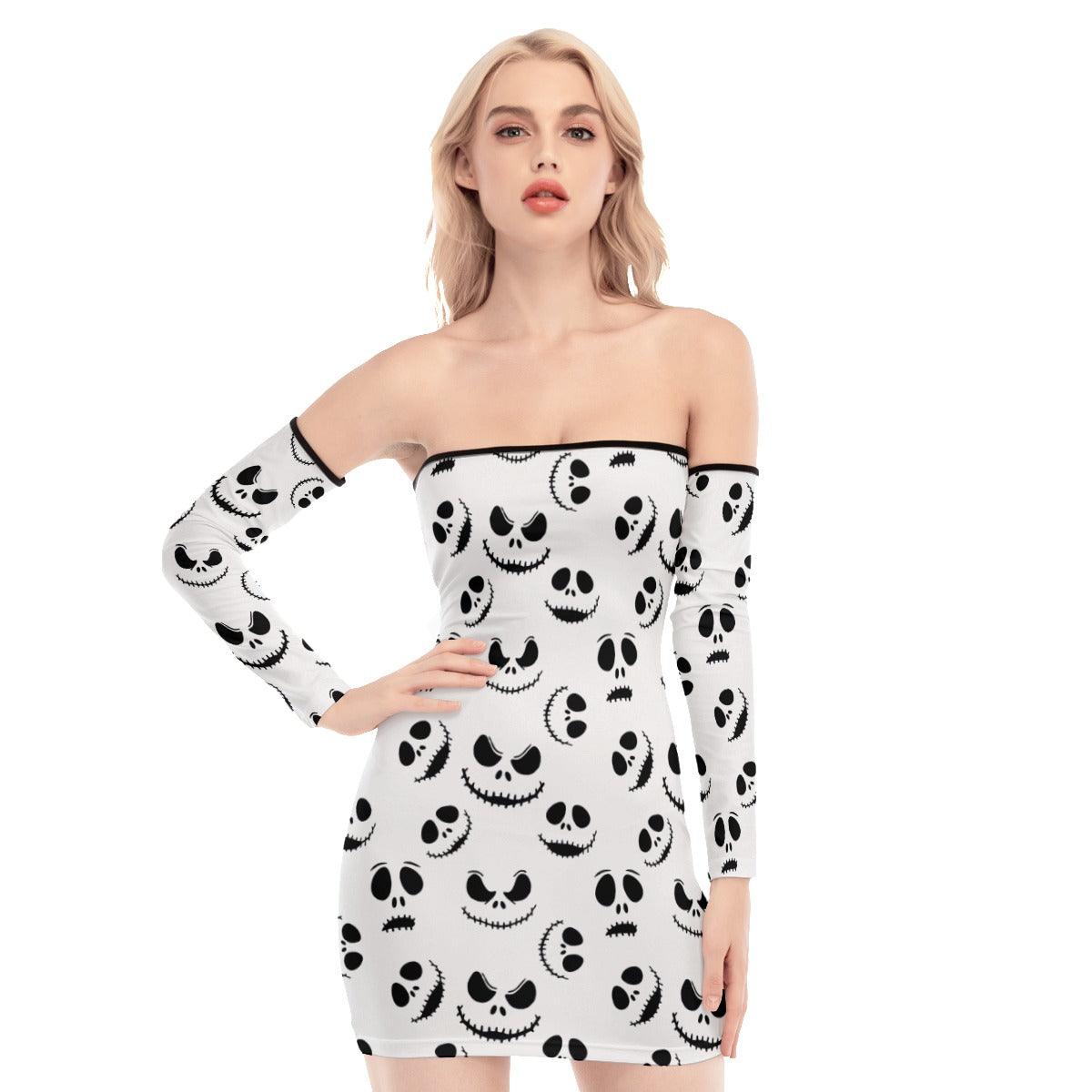 Nightmare White Pattern Off-shoulder Back Lace-up Dress - Wonder Skull