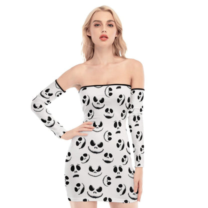 Nightmare White Pattern Off-shoulder Back Lace-up Dress - Wonder Skull