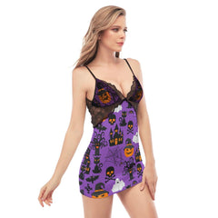 Purple Halloween Castle Pattern Lace Chemise Nightgown - Wonder Skull