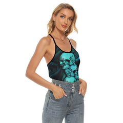 Triple Blue Skull Roses Criss-Cross Open Back Tank Top, Trending T-Shirt For Women - Wonder Skull