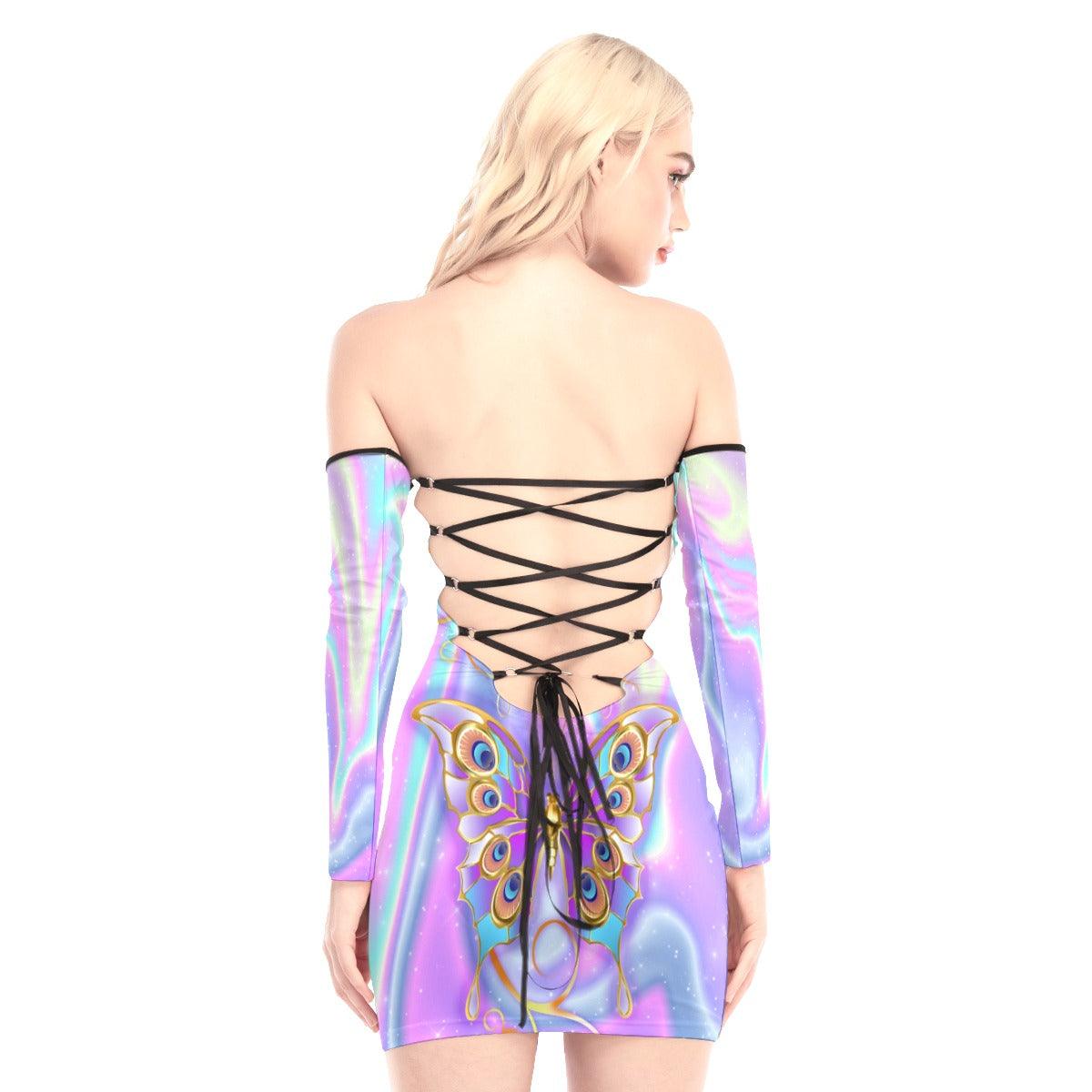 Holography Butterfly Off-shoulder Back Lace-up Dress - Wonder Skull