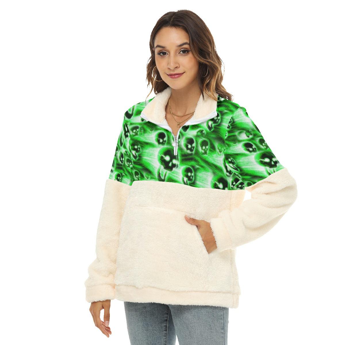 Green Skull Fire Borg Fleece Sweatshirt With Half Zip - Wonder Skull