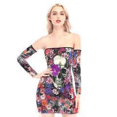 Colorful Flowers Skull Off-shoulder Back Lace-up Dress - Wonder Skull