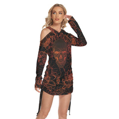 Lotus Orange Skull Print Open Shoulder Dress - Wonder Skull