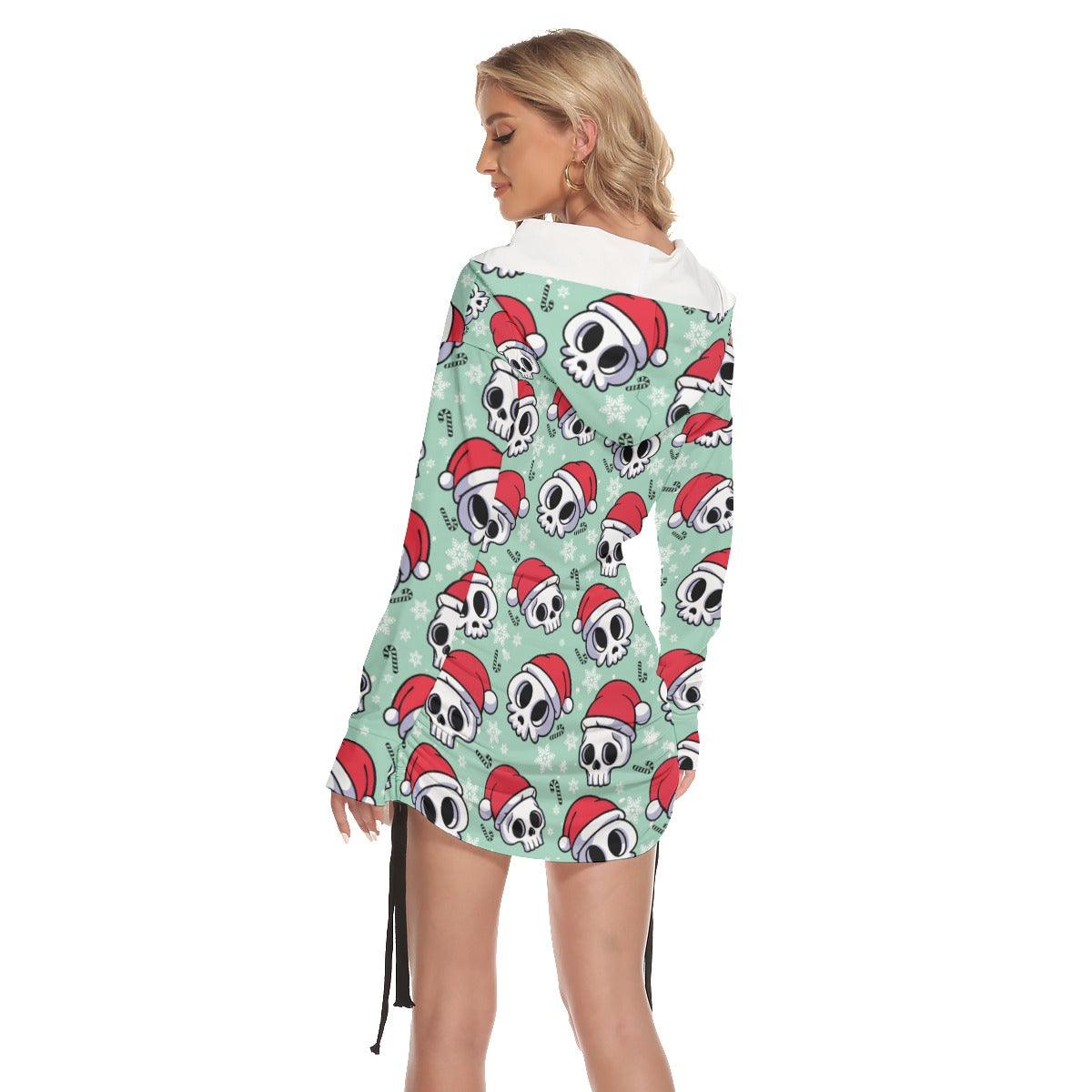Funny Feliz Navidad Skull Print Open Shoulder Dress - Wonder Skull