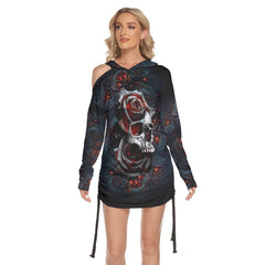 Black Skull Rose Color Drawing Skull Print Open Shoulder Dress - Wonder Skull