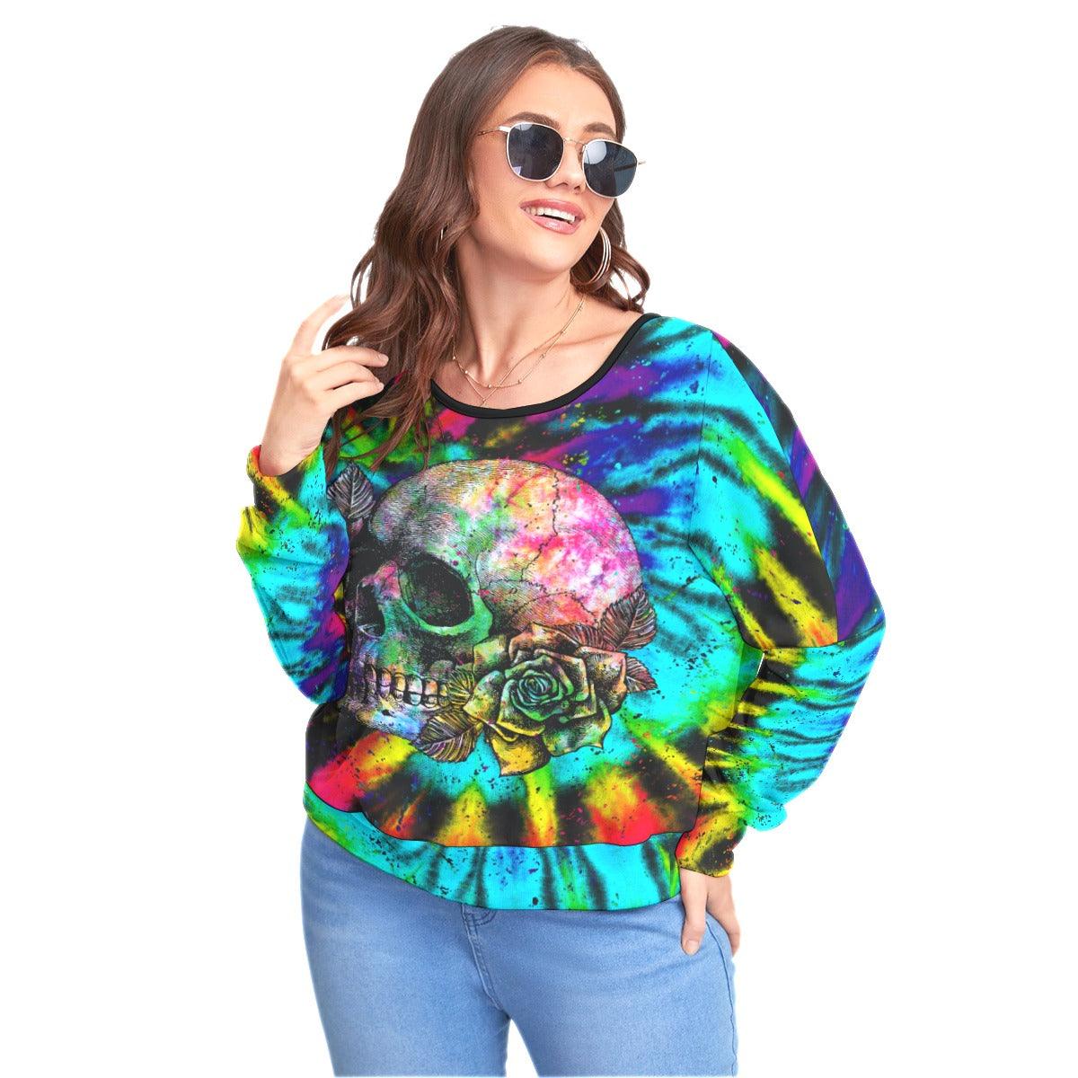 Tie Dye Skull Backless Sweatshirt With Bat Sleeve - Wonder Skull