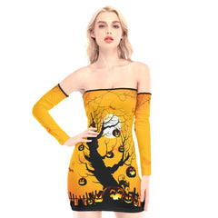 Halloween Tree Off-shoulder Back Lace-up Dress - Wonder Skull