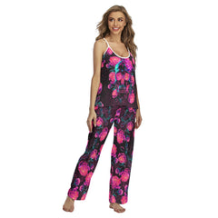 Pink Skull Rose Cami Pajamas Sets For Women Sleepwears Combo - Wonder Skull