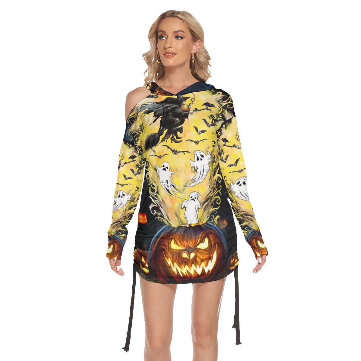 Halloween Witchy Boo All Over Print Women One Shoulder Dress With Waist Shirring, Long Hoodie For Women - Wonder Skull