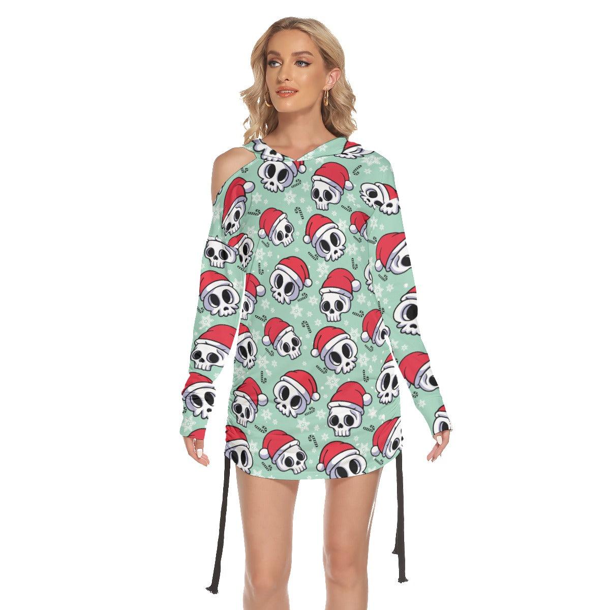 Funny Feliz Navidad Skull Print Open Shoulder Dress - Wonder Skull