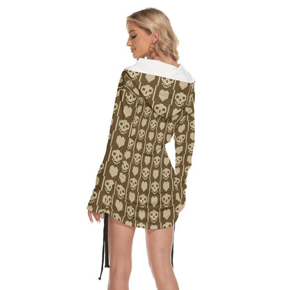 Christmas Brown Skull Heart Print Open Shoulder Dress - Wonder Skull
