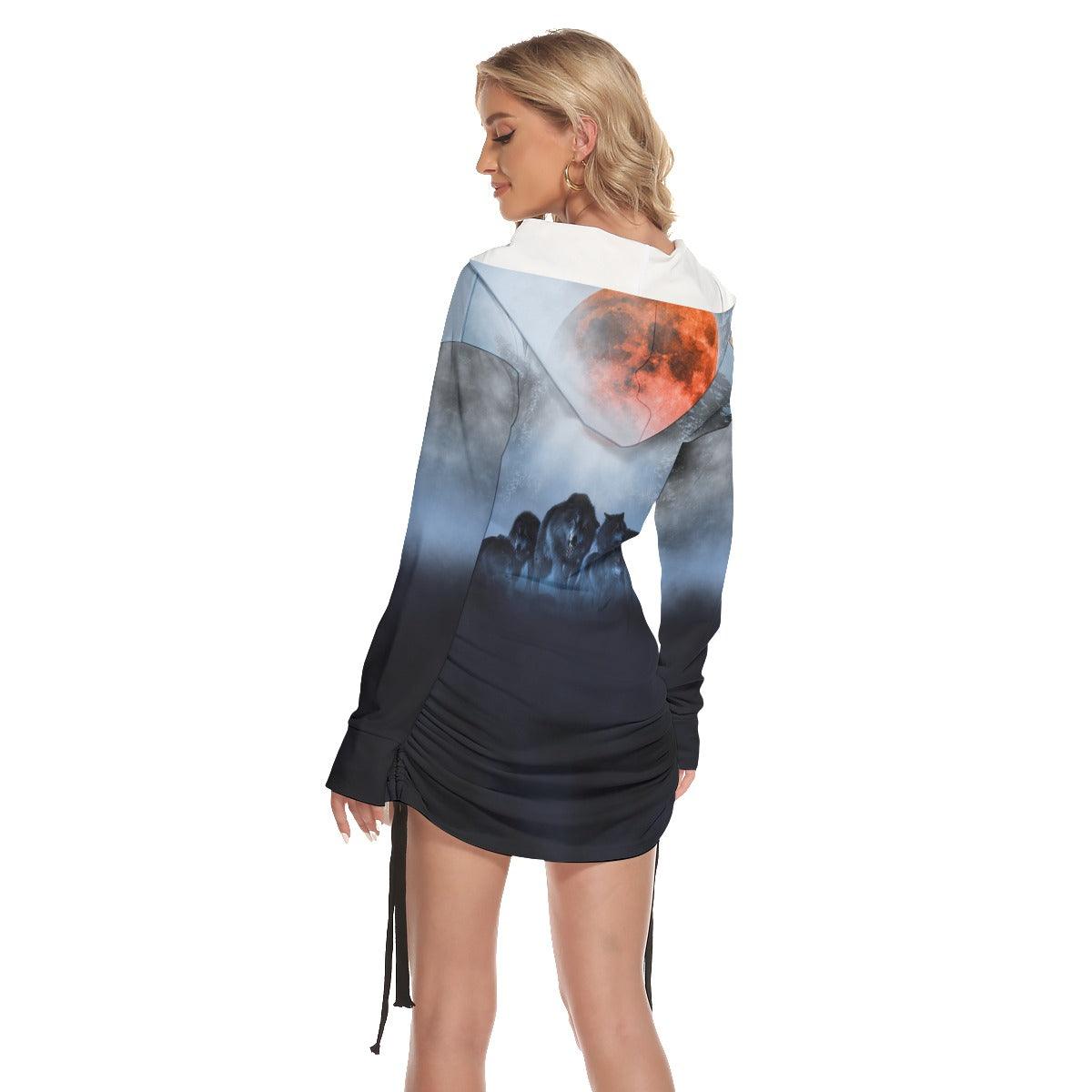 Hunting Mode Wolves All Over Print Women One Shoulder Dress With Waist Shirring, Long Hoodie For Women - Wonder Skull