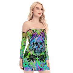 Skull Rose Hologram Off-shoulder Back Lace-up Dress - Wonder Skull