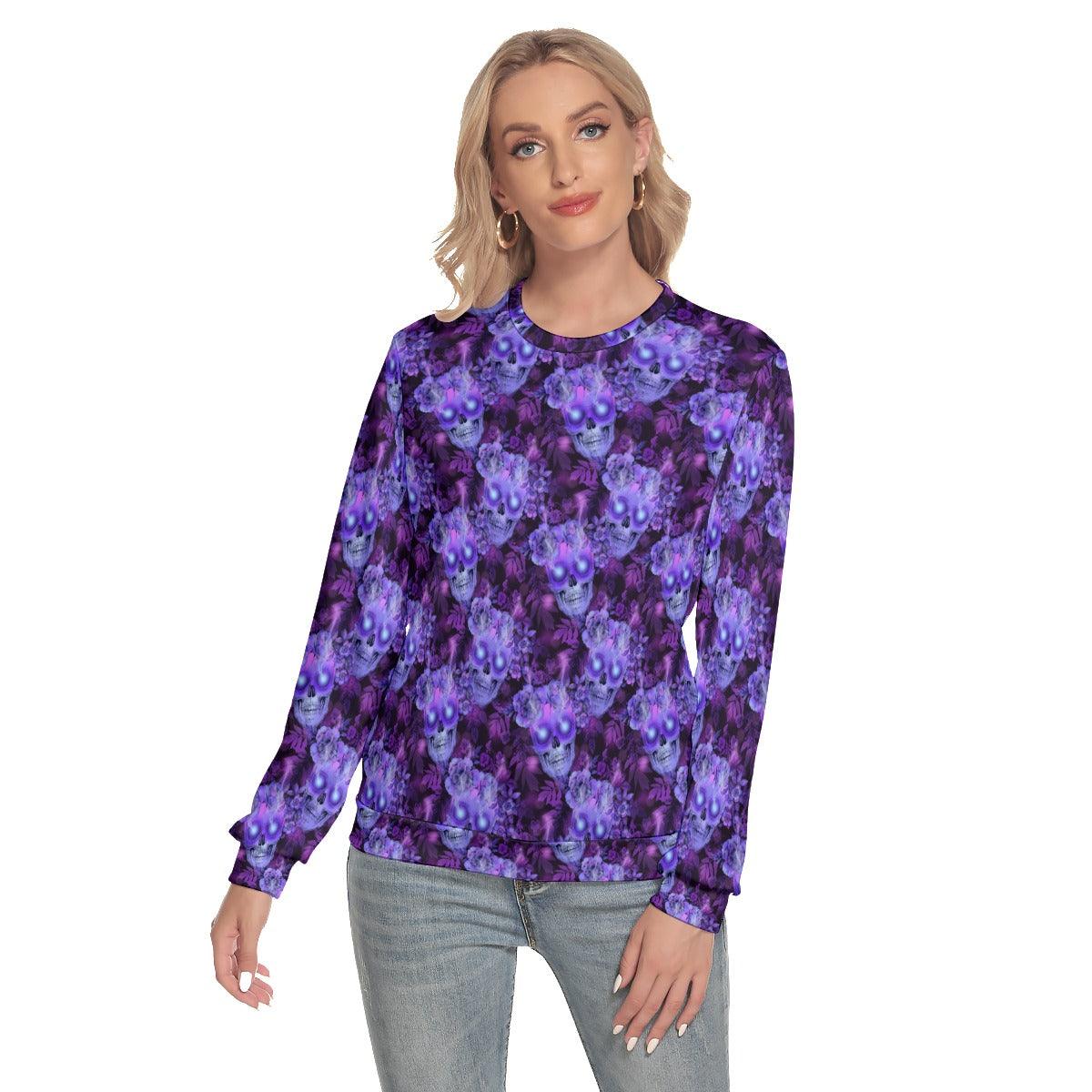 Purple Skull Flower Slim Round Neck Sweatshirt - Wonder Skull