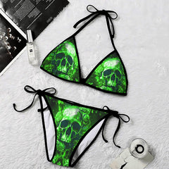 Green Shadow Skull Gothic Micro Triangle Bikini Swimsuit - Wonder Skull