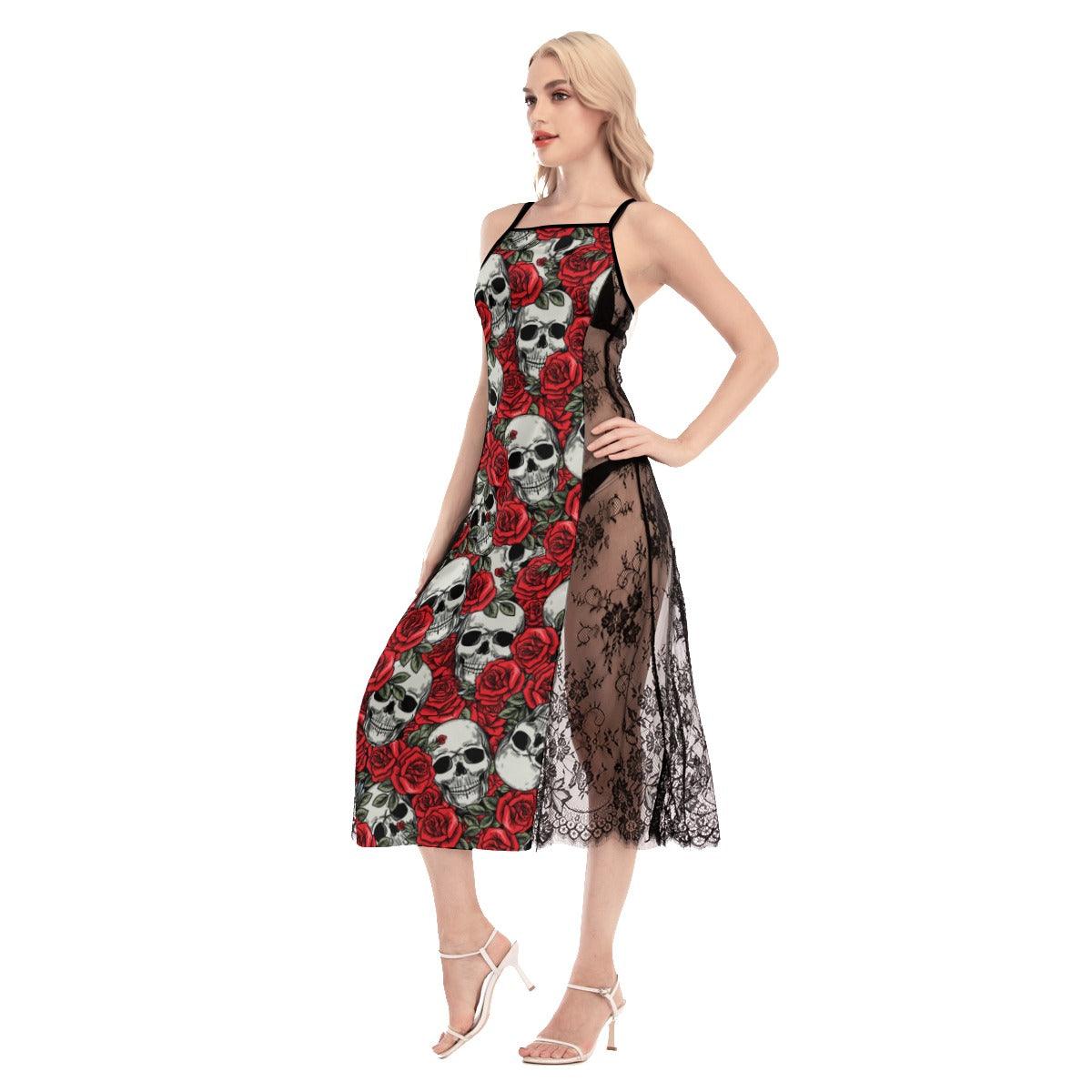 Hot Gothic Skull Rose Pattern Lace Cami Cross Back Women Dress - Wonder Skull