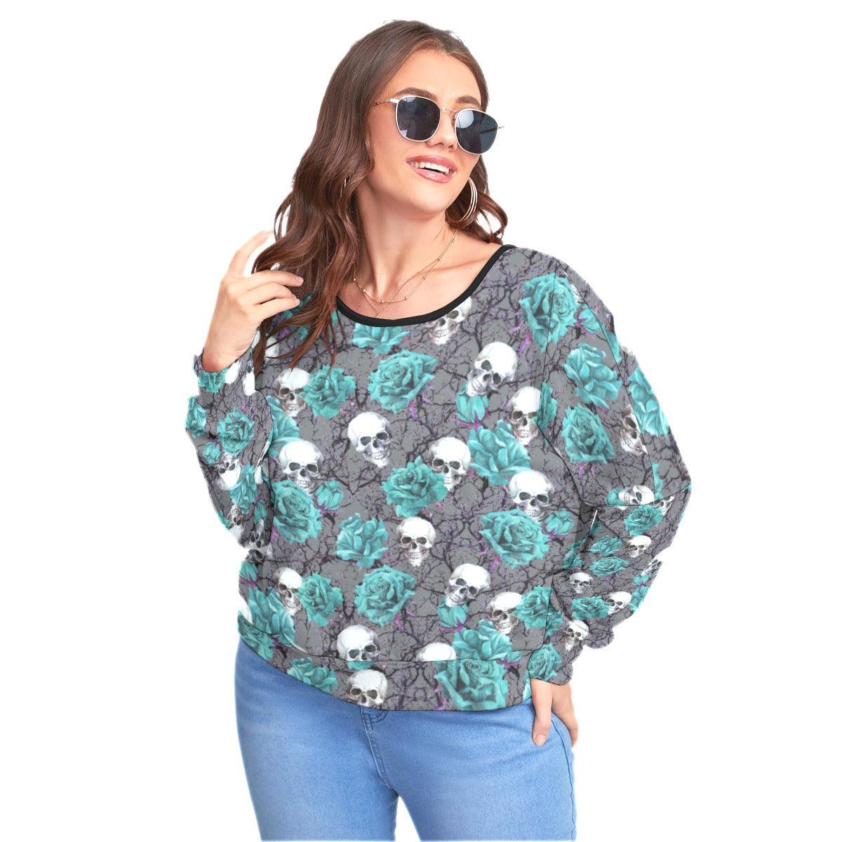 Cyan Roses Skulls Backless Sweatshirt With Bat Sleeve - Wonder Skull