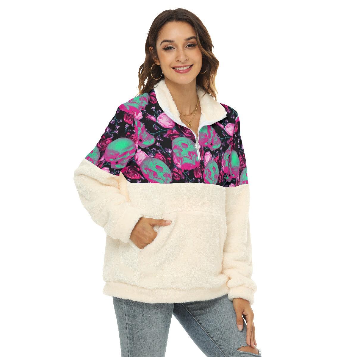 Green Pasteul Skull Fleece Sweatshirt With Half Zip - Wonder Skull