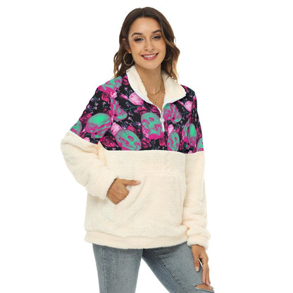 Green Pasteul Skull Fleece Sweatshirt With Half Zip - Wonder Skull