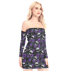 Lavender Rose Skull Off-shoulder Back Lace-up Dress - Wonder Skull