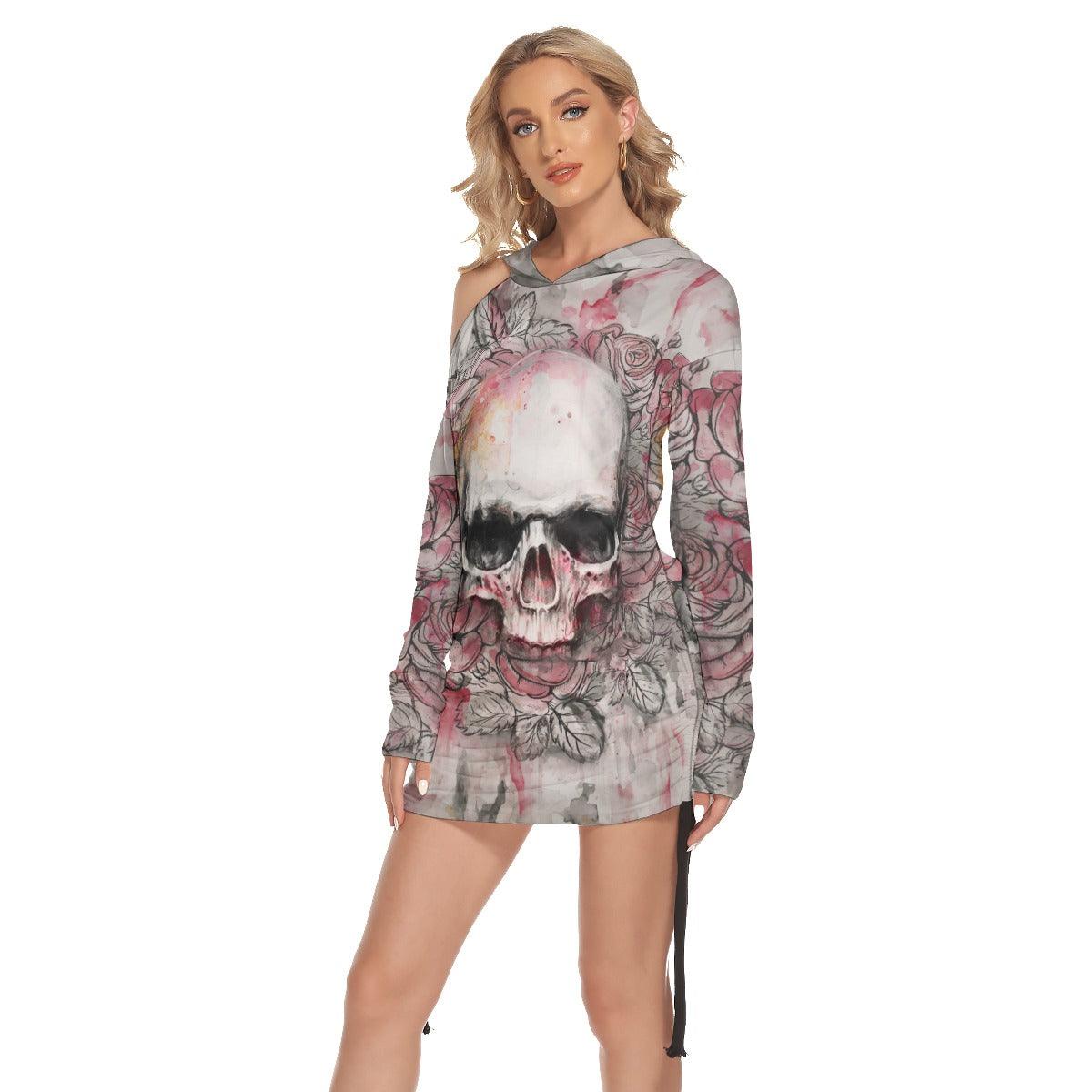 Black Pink Color Drawing Skull Print Open Shoulder Dress  - Wonder Skull