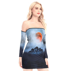 Scary Wolves Off-shoulder Back Lace-up Dress - Wonder Skull