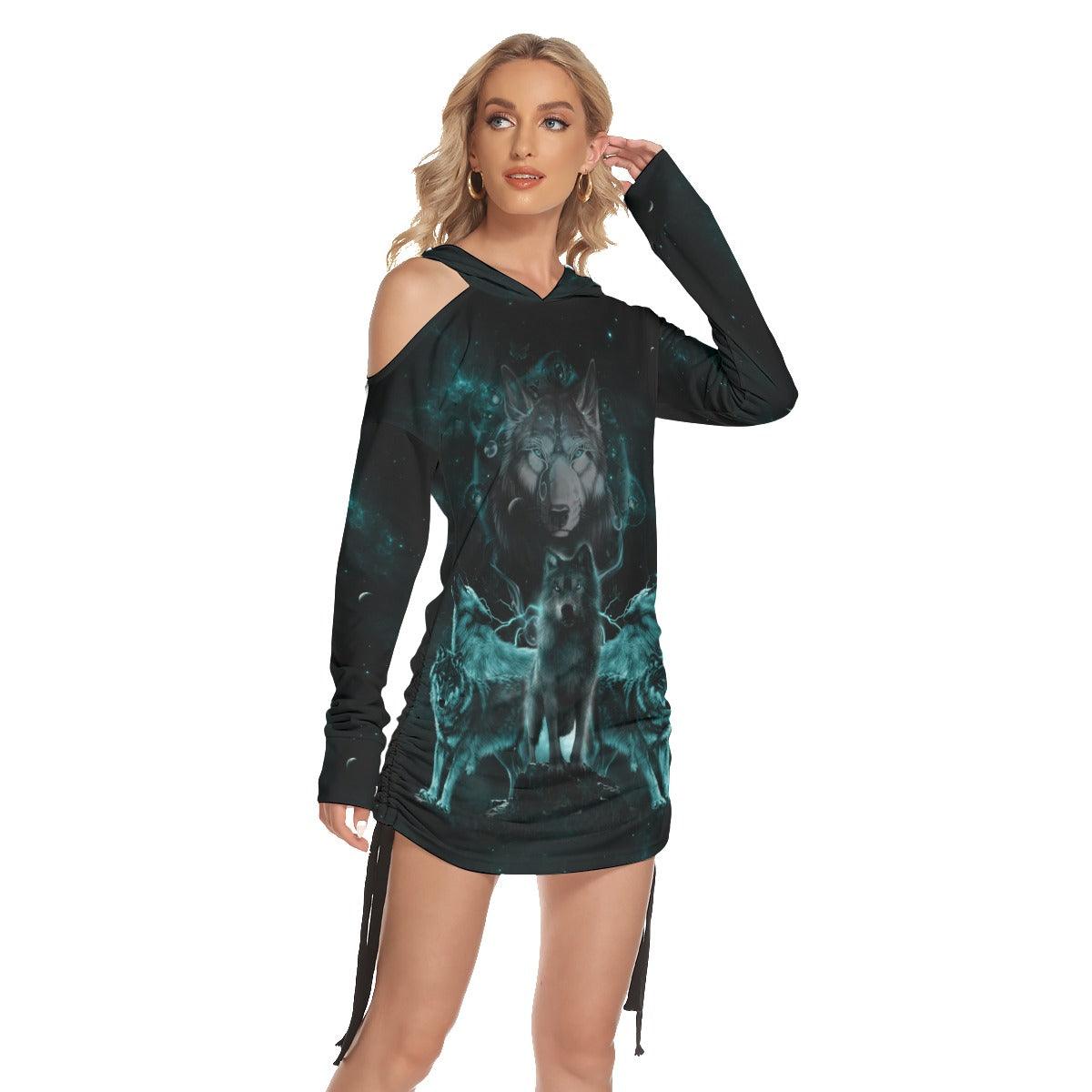 Shadow Head Of Wolves All Over Print Women One Shoulder Dress With Waist Shirring, Long Hoodie For Women - Wonder Skull