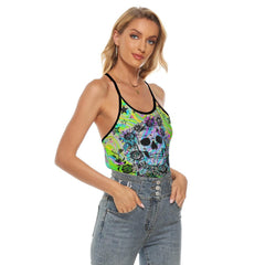 Rainbow Skull Rose Criss-Cross Open Back Tank Top, Hot T-Shirt For Women - Wonder Skull