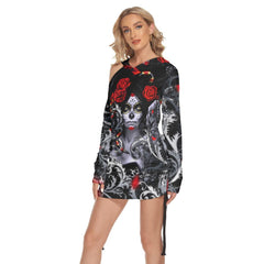 Skull Gothic Girl Rose All Over Print Women One Shoulder Dress With Waist Shirring, Hot Long Hoodie For Women - Wonder Skull