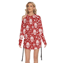 Christmas Red Skull Snowy Print Open Shoulder Dress - Wonder Skull