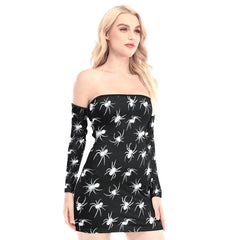 White Spider Pattern Off-shoulder Back Lace-up Dress - Wonder Skull