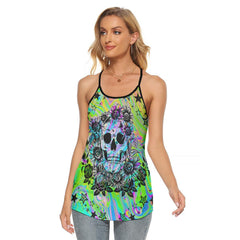 Rainbow Skull Rose Criss-Cross Open Back Tank Top, Hot T-Shirt For Women - Wonder Skull