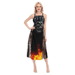 Fire Flame Skull Pattern Lace Cami Cross Back Women Dress - Wonder Skull