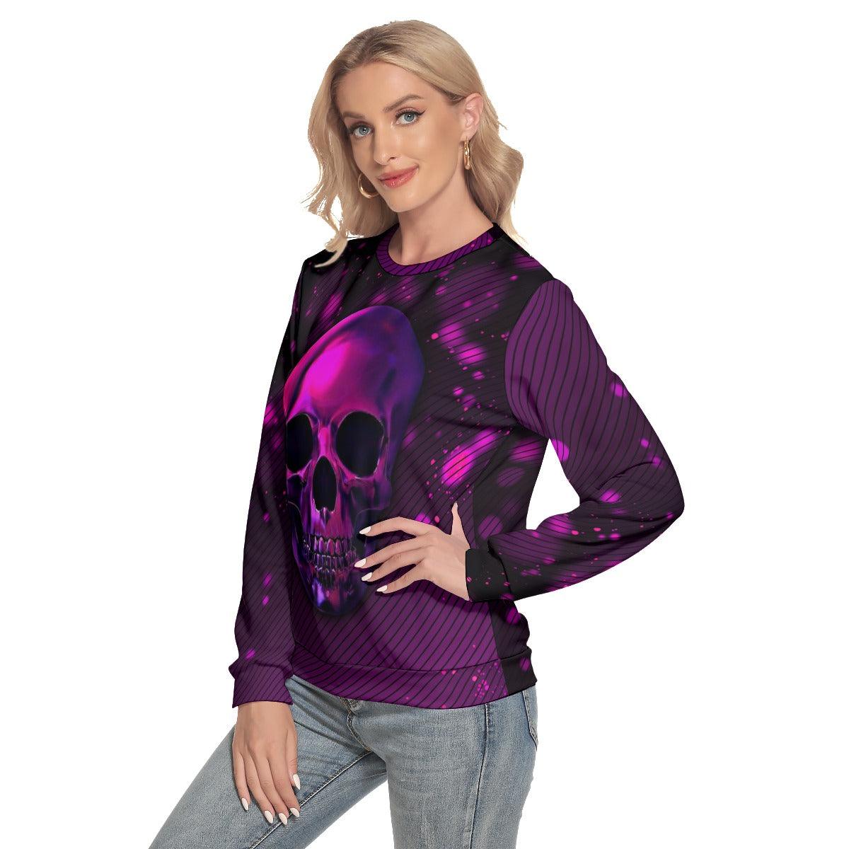 Purple Neon Skull Slim Round Neck Sweatshirt | Wonder Skull
