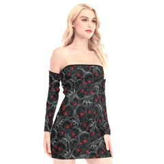 Scary Red Eyes Skull Off-shoulder Back Lace-up Dress - Wonder Skull