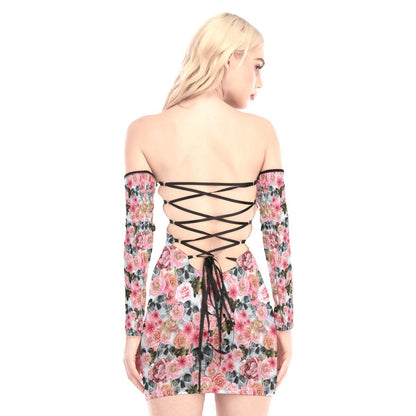 Chaotic Pink Rose Skull Off-shoulder Back Lace-up Dress - Wonder Skull