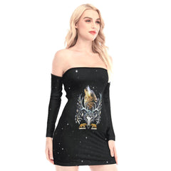 Wolf And Cow Skull Off-shoulder Back Lace-up Dress - Wonder Skull