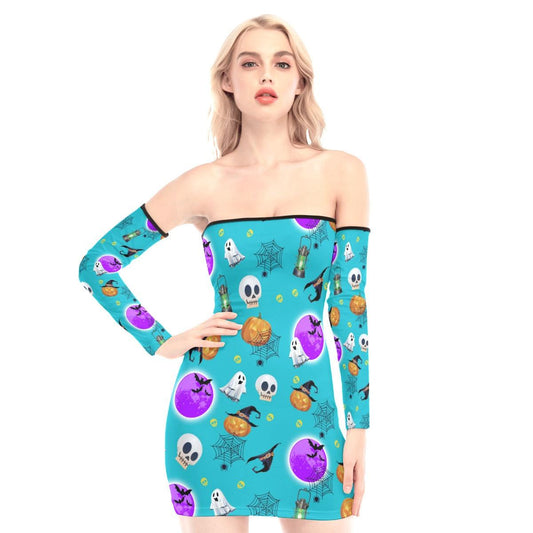 Cyan Halloween Pattern Off-shoulder Back Lace-up Dress - Wonder Skull