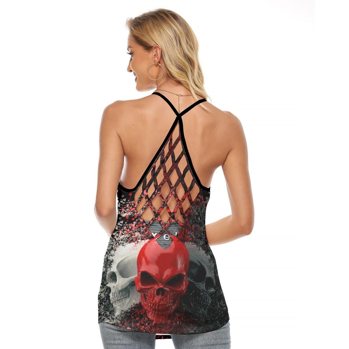 Three Skull Rose Criss-Cross Open Back Tank Top, Trending T-Shirt For Women - Wonder Skull